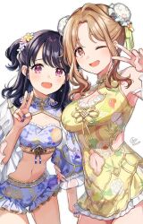 Rule 34 | 2girls, armpit peek, black hair, blue nails, breasts, brown hair, china dress, chinese clothes, cleavage, clothing cutout, double bun, dress, eyelashes, fang, floral print, fukumaru koito, hair bun, highres, holding another&#039;s arm, ichikawa hinana, idolmaster, idolmaster shiny colors, large breasts, looking at viewer, mandarin collar, multiple girls, nail polish, navel, navel cutout, one eye closed, open mouth, shinishi chiho, short twintails, signature, simple background, skin fang, swimsuit, twintails, v, white background, white nails