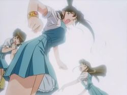 Rule 34 | 1990s (style), 3girls, animated, bare legs, black hair, blush, breasts, brown hair, character request, clothes lift, covering privates, covering ass, enno chiaki, explosion, floating hair, kishin douji zenki, long twintails, looking to the side, multiple girls, retro artstyle, road, school uniform, short hair, skirt, skirt lift, sky, street, twintails, video, wind