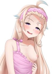 Rule 34 | 1girl, absurdres, ahoge, armpit crease, bare shoulders, blush, breasts, clothes pull, collarbone, commentary, english commentary, enna alouette, flashing, headband, highres, long hair, looking at viewer, medium breasts, nijisanji, nijisanji en, nipples, no bra, open mouth, pink headband, purple eyes, shirt pull, smug, solo, very long hair, virtual youtuber, yarashi thought