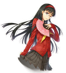 Rule 34 | 1girl, amagi yukiko, aran sweater, atlus, black eyes, black hair, cable knit, cardigan, folding fan, glasses, hagure keg, hairband, hand fan, holding, long hair, looking at viewer, no legs, parted lips, persona, persona 4, pleated skirt, simple background, skirt, smile, solo, sweater, white background