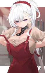 Rule 34 | 1girl, absurdres, apron, arms behind back, azur lane, beige shirt, belfast (azur lane), belfast (piping-hot perfection) (azur lane), box, braid, breasts, broken, broken chain, bursting breasts, buttons, chain, cleavage, french braid, hair ornament, hair scrunchie, highres, indoors, large breasts, long hair, looking at viewer, low neckline, official alternate costume, ponytail, purple eyes, red apron, red scrunchie, sakkama, scrunchie, solo, very long hair, waitress, white hair