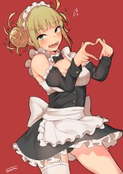 Rule 34 | 10s, 1girl, alternate costume, apron, artist name, back bow, black bow, black bowtie, black dress, black panties, black sleeves, blonde hair, blush, boku no hero academia, bow, bowtie, breasts, cleavage, commentary request, detached sleeves, double bun, dress, enmaided, frilled dress, frills, garter straps, hair bun, hairband, hand fan, highres, jovejun, large bow, layered dress, long sleeves, looking at viewer, maid, maid headdress, medium breasts, open mouth, panties, pleated dress, red background, short dress, short hair, simple background, single thighhigh, solo, standing, thighhighs, toga himiko, underwear, waist apron, white apron, white bow, white hairband, white thighhighs, yellow eyes