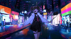 Rule 34 | 1girl, bag, black shirt, black skirt, brown hair, building, city, closed eyes, commentary request, cowboy shot, cross, hair ornament, hairclip, handbag, heart o-ring, highres, holding, holding bag, jacket, jewelry, kuronoiparoma, long hair, long sleeves, necklace, neon lights, night, open clothes, open jacket, open mouth, original, outdoors, ring, road, shirt, skirt, sleeves past wrists, smile, solo, street, teeth, thigh strap, twintails, white jacket