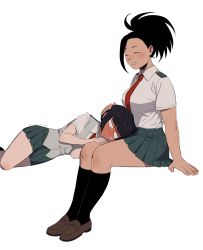 Rule 34 | 10s, 2girls, bad id, bad pixiv id, black hair, blunt bangs, blush, boku no hero academia, closed eyes, embarrassed, full-face blush, full body, green skirt, hand on another&#039;s head, jirou kyouka, lap pillow, loafers, miniskirt, multiple girls, necktie, pleated skirt, ponytail, school uniform, shoes, short hair, simple background, skirt, smile, strawberryjamm, u.a. school uniform, vest, white background, yaoyorozu momo, yuri