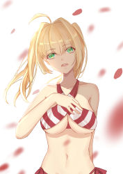 Rule 34 | 1girl, absurdres, bikini, blonde hair, breasts, fate/extra, fate/grand order, fate (series), floral background, green eyes, hair ornament, hand on breast, highres, huo jian chong rudao 76, looking at viewer, nero claudius (fate), nero claudius (fate), nero claudius (fate/extra), open mouth, short hair, solo, swimsuit