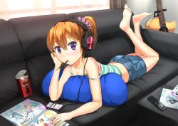 Rule 34 | 1girl, bare shoulders, barefoot, cellphone, collarbone, controller, couch, eating, feet, gamyuu (gamyu), guitar, headphones, instrument, looking at viewer, lying, magazine (object), mouth hold, on stomach, orange hair, original, phone, pillow, pocky, ponytail, purple eyes, remote control, short hair, shorts, smartphone, soles, solo, strap slip, the pose, toes