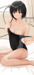 Rule 34 | 1girl, amagami, ass, bedroom, black hair, black one-piece swimsuit, blue one-piece swimsuit, blurry, blurry background, blush, breasts, brown eyes, cleavage, clothes pull, commentary, competition swimsuit, curtains, hair between eyes, hair strand, highleg, highleg swimsuit, highres, kneeling, looking at viewer, medium breasts, nanasaki ai, on bed, one-piece swimsuit, one-piece swimsuit pull, parted lips, pulling own clothes, short hair, smile, solo, strap slip, swimsuit, undressing, yoo tenchi