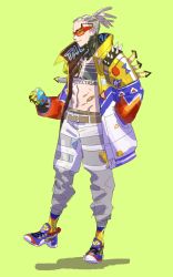 Rule 34 | 1boy, animification, apex legends, bandaid on stomach, bare pectorals, blonde hair, chain, cornrows, crypto (apex legends), cube, fashion, gold chain, green background, grey pants, highres, hip hop, holding, hype beast crypto, jacket, male focus, multicolored clothes, multicolored jacket, navel, official alternate costume, open clothes, open jacket, pants, pectorals, purple footwear, shoes, smile, sneakers, solo, streetwear, sunglasses, thundergotch, undercut