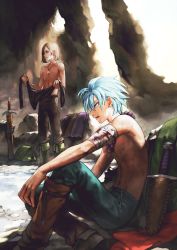 Rule 34 | 2boys, absurdres, blonde hair, blue hair, boots, camus (dq11), dragon quest, dragon quest xi, earrings, hero (dq11), highres, jewelry, jun (navigavi), male focus, multiple boys, necklace, pants, sitting, sword, topless male, weapon