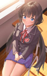 Rule 34 | 1girl, ahoge, black hair, black jacket, blue eyes, blue skirt, breasts, buttons, chair, closed mouth, collared shirt, commission, day, desk, eyelashes, feet out of frame, from above, hair ribbon, hands on lap, highres, indoors, jacket, legs together, light blush, long hair, long sleeves, looking at viewer, looking up, medium breasts, neck ribbon, on chair, original, own hands together, pleated skirt, red ribbon, ribbon, school uniform, shirt, sitting, skirt, smile, solo, twin (tt lsh), twintails, white shirt, yellow ribbon