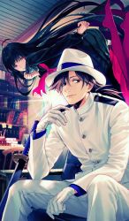 Rule 34 | 1boy, 1girl, black hair, bookshelf, craft essence (fate), dress, fate/grand order, fate (series), floating, gloves, hair over one eye, hat, katana, long dress, long hair, looking at viewer, official art, oryou (fate), red eyes, sailor dress, sakamoto ryouma (fate), scarf, sitting, suda ayaka, sword, very long hair, weapon, white gloves, white hat