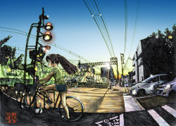 Rule 34 | 2girls, abyukyo, abyuukyo (abyukyo), bicycle, car, fisheye, highres, md5 mismatch, military, motor vehicle, multiple girls, original, overhead line, power lines, railroad crossing, railroad signal, real world location, resolution mismatch, shorts, signature, source smaller, train, twintails, vehicle