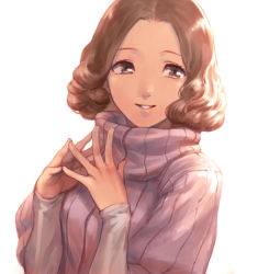 Rule 34 | 10s, 1girl, brown eyes, brown hair, nekorin (nekoforest), okumura haru, own hands together, persona, persona 5, pink sweater, ribbed sweater, smile, solo, steepled fingers, sweater, turtleneck, turtleneck sweater
