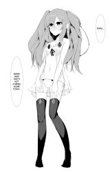Rule 34 | 1boy, androgynous, babydoll, baharin, bare shoulders, big hair, black thighhighs, blush, bow, bow panties, bulge, crossdressing, hard-translated, highres, incest, lingerie, long hair, male focus, monochrome, navel, original, panties, ribbon, see-through, side-tie panties, simple background, solo, thighhighs, third-party edit, translated, trap, twintails, underwear, white background