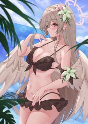 Rule 34 | 1girl, bikini, black bikini, blue archive, blue sky, breasts, brown eyes, brown hair, closed mouth, cloud, commentary request, flower, frilled bikini, frills, green flower, hair flower, hair ornament, halo, highres, large breasts, long hair, looking at viewer, nagisa (blue archive), ocean, outdoors, pcreambang, pink flower, pink halo, sky, swimsuit, thighs, white wings, wings