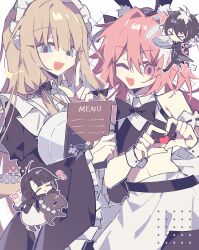 Rule 34 | &gt; &lt;, 4boys, :d, ;d, = =, alternate costume, animal ears, apron, astolfo (fate), astolfo (saber) (fate), bare shoulders, belt, black belt, black bow, black bowtie, black coat, black dress, black hairband, black shirt, black skirt, blonde hair, blue eyes, blunt bangs, bow, bowtie, butler, center frills, charlemagne (fate), closed eyes, coat, collared dress, collared shirt, crop top, crossdressing, dress, enmaided, fake animal ears, fate/grand order, fate (series), flying sweatdrops, formal, frilled apron, frilled sleeves, frills, hair between eyes, hair bow, hair intakes, hairband, hand up, heart, heart hands, highres, holding, holding plate, index finger raised, juliet sleeves, long hair, long sleeves, looking at viewer, low-tied sidelocks, maid, maid headdress, male focus, male maid, menu, midriff, multicolored hair, multiple boys, navel, noah (fate), one eye closed, open clothes, open coat, open mouth, outline, pink hair, plate, puff of air, puffy sleeves, rabbit ears, riding, roots (hair), sen (5710265), shirt, short hair, simple background, skirt, sleeveless, sleeveless shirt, smile, sparkle background, streaked hair, suit, tai gong wang (fate), tapir, traditional bowtie, trap, twintails, waist apron, white apron, white background, white hair, white outline, wide sleeves, wing collar, wrist cuffs