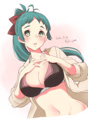 Rule 34 | 1girl, antenna hair, beige jacket, bikini, black bikini, breasts, cleavage, commentary request, cropped torso, dated, fujii jun, gradient background, green eyes, green hair, hair ribbon, hood, hooded jacket, hoodie, irako (kancolle), jacket, kantai collection, large breasts, long hair, looking at viewer, one-hour drawing challenge, ponytail, ribbon, solo, swimsuit, twitter username, upper body, white background