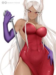 Rule 34 | 1girl, animal ears, boku no hero academia, breasts, cleavage, closed mouth, cosplay, covered navel, crossed bangs, dark-skinned female, dark skin, dress, elbow gloves, eyelashes, gloves, highres, holding, holding microphone, jessica rabbit, jessica rabbit (cosplay), large breasts, long dress, long hair, looking at viewer, mandytsune, microphone, microphone stand, mirko, purple gloves, rabbit ears, rabbit girl, red dress, red eyes, simple background, smile, solo, white background, white hair, who framed roger rabbit