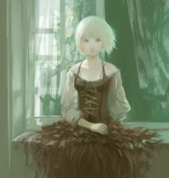 Rule 34 | 1girl, bare shoulders, curtains, dress, green eyes, nyanpe, original, short hair, sitting, solo, white hair, window