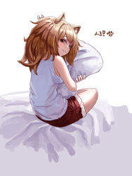 Rule 34 | 1girl, :3, absurdres, animal ear fluff, animal ears, ansan ey, arknights, bed sheet, breasts, brown eyes, brown hair, closed mouth, highres, indian style, korean commentary, lion ears, long hair, looking at viewer, looking back, medium breasts, no tail, hugging object, pillow, pillow hug, red shorts, shirt, shorts, siege (arknights), signature, sitting, solo, tank top, white shirt