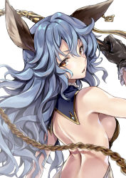Rule 34 | 10s, 1girl, animal ears, back, back focus, bare shoulders, blue hair, blush, breasts, brown eyes, commentary request, earrings, erune, ferry (granblue fantasy), from behind, gloves, granblue fantasy, hair between eyes, holding, holding weapon, jewelry, kakao rantan, long hair, looking at viewer, looking back, medium breasts, open mouth, rabbit ears, sideboob, simple background, solo, wavy hair, weapon, whip