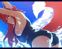 Rule 34 | 1girl, animal ears, armpits, ass, bare shoulders, blue background, blue sky, breasts, cloud, cloudy sky, commentary request, day, dolphin shorts, fox ears, fox tail, from side, hand up, kitsune, konshin, large breasts, letterboxed, looking at viewer, looking to the side, micro shorts, original, parted lips, purple shirt, red eyes, red hair, shirt, shorts, sideboob, sky, sleeveless, sleeveless shirt, solo, sweat, tail