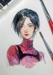 Rule 34 | 1girl, ada wong, art tools in frame, black eyes, black hair, chest harness, chongmingggg, hair behind ear, harness, highres, lipstick, makeup, paintbrush, painting (medium), parted bangs, portrait, red lips, red sweater, resident evil, resident evil 4, resident evil 4 (remake), ribbed sweater, smile, solo, sweater, traditional media, turtleneck, turtleneck sweater, watercolor (medium), white background