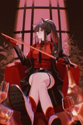 Rule 34 | 1girl, animal ear fluff, animal ears, arknights, armchair, bare legs, black coat, black footwear, black hair, black necktie, black shorts, bottle, breasts, chair, closed mouth, coat, collared shirt, crossed legs, cup, drinking glass, feet on table, fisheye, gloves, highres, holding, holding sword, holding weapon, long hair, medium breasts, mmhgh (mmhgh18), mouth hold, necktie, off shoulder, official alternate costume, open clothes, open coat, plant, ponytail, red eyes, red gloves, red shirt, red socks, red theme, shirt, shoe soles, shoes, short shorts, shorts, sidelocks, sitting, socks, solo, sword, texas (arknights), texas (willpower) (arknights), thigh strap, underbust, weapon, wide sleeves, wolf ears