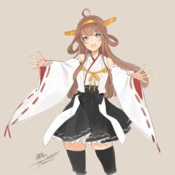Rule 34 | 1girl, ahoge, black skirt, black thighhighs, boots, brown hair, character name, commentary request, contrapposto, cowboy shot, detached sleeves, double bun, hair bun, hairband, headgear, highres, kantai collection, kongou (kancolle), long hair, looking at viewer, nontraditional miko, ooyari ashito, open mouth, outstretched arms, pink background, pleated skirt, purple eyes, ribbon-trimmed sleeves, ribbon trim, signature, simple background, skirt, smile, solo, standing, thigh boots, thighhighs
