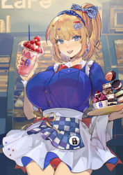 Rule 34 | 1girl, :d, absurdres, animal print, apron, bear print, blonde hair, blouse, blue eyes, blue headband, blue shirt, bow, breasts, cherry, chinese commentary, cowboy shot, drinking straw, earrings, food, frilled skirt, frills, fruit, hair between eyes, hair bow, hair ornament, headband, high ponytail, highres, holding, holding tray, huge breasts, ice cream, ice cream sandwich, indoors, jewelry, jintianhuahualema, looking at viewer, mole, mole under eye, mole under mouth, nail polish, open mouth, original, panties, pantyshot, red nails, red panties, red ribbon, ribbon, shirt, short sleeves, skirt, smile, solo, strawberry, symbol-shaped pupils, teeth, thigh gap, towel, tray, underwear, uniform, upper teeth only, waitress, wrist cuffs