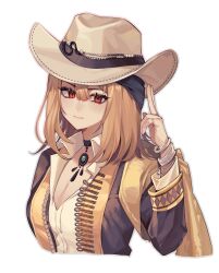 Rule 34 | 1girl, absurdres, black choker, blonde hair, bracelet, breasts, brown hat, brown jacket, choker, chunming donghua, cleavage, closed mouth, cowboy hat, cropped torso, gem, green gemstone, hair between eyes, hand up, hat, highres, jacket, jewelry, looking at viewer, medium breasts, medium hair, mole beside mouth, red eyes, reverse:1999, ring, salute, shawl, shirt, solo, tennant (reverse:1999), tennant (roaming in delhi) (reverse:1999), two-finger salute, upper body, white background, white shirt, yellow shawl