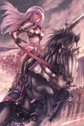 Rule 34 | 1girl, armor, breasts, cleavage, horse, long hair, original, purple eyes, purple hair, riding, ryouku, solo