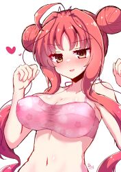 Rule 34 | 1girl, absurdres, ahoge, bare arms, bikini, blush, breasts, cleavage, clenched hands, collarbone, commentary request, covered erect nipples, double bun, dracu-riot!, eyelashes, eyes visible through hair, floral print, hair bun, hair intakes, hakutocake, halterneck, hands up, heart, highres, jitome, large breasts, long hair, looking at viewer, navel, nose blush, open mouth, pink bikini, shiny skin, sidelocks, signature, simple background, smile, solo, stomach, sweatdrop, swimsuit, upper body, very long hair, white background, yarai miu, yellow eyes