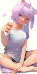 Rule 34 | 1girl, absurdres, animal ear fluff, animal ears, black shorts, blouse, blurry, blush, breasts, cat ears, collarbone, crossed legs, depth of field, drink, fang, feet, female focus, glass, hair between eyes, highres, hololive, large breasts, legs, looking at viewer, nanome to, nekomata okayu, open mouth, purple eyes, purple hair, shirt, short hair, short shorts, short sleeves, shorts, simple background, sitting, solo, thighs, toes, virtual youtuber, white background, white shirt