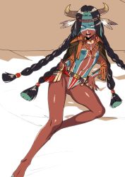 Rule 34 | 1girl, :d, aged down, bad id, bad pixiv id, barefoot, belt, black hair, blue eyes, blue nails, bodypaint, braid, dark-skinned female, dark skin, earrings, fate/grand order, fate (series), geronimo (fate), geronimo (third ascension) (fate), headdress, highres, horns, jacket, jewelry, long hair, looking at viewer, nail polish, native american, navel, necklace, open mouth, rokkotsu, sitting, smile, solo, teeth, very long hair