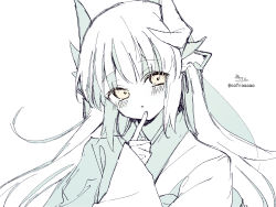 Rule 34 | 1girl, :o, blush, brown eyes, fate/grand order, fate (series), head tilt, highres, horns, japanese clothes, kimono, kiyohime (fate), long sleeves, looking at viewer, parted lips, signature, simple background, sleeves past wrists, sofra, solo, twitter username, upper body, white background, wide sleeves