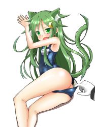 Rule 34 | 10s, 1girl, admiral (kancolle), alternate costume, animal ears, armpits, ass, azumaya (miyui001), bare arms, bare shoulders, butt crack, cameltoe, cat ears, clothes lift, crescent, crescent hair ornament, embarrassed, fang, gloves, green eyes, green hair, hair ornament, highres, kantai collection, kneepits, legs, long hair, looking back, lying, nagatsuki (kancolle), name tag, on side, one-piece swimsuit, open mouth, pulling another&#039;s clothes, school swimsuit, simple background, solo focus, swimsuit, swimsuit lift, tail, wavy mouth, white background