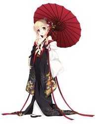 Rule 34 | 1girl, bare shoulders, black kimono, blush, comb, floral print, flower, full body, hair between eyes, hair flower, hair ornament, hair stick, highres, holding, holding umbrella, japanese clothes, kimono, loading (verjuice), long hair, long sleeves, looking at viewer, obi, off shoulder, oil-paper umbrella, open mouth, original, red flower, red ribbon, red umbrella, ribbon, sandals, sash, smile, solo, standing, tabi, transparent background, umbrella, white legwear, wide sleeves