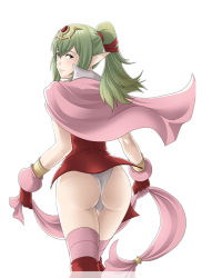 Rule 34 | 1girl, ass, cape, closed mouth, dress, fire emblem, fire emblem awakening, gloves, green eyes, green hair, long hair, looking at viewer, nintendo, panties, pointy ears, ponytail, red dress, short dress, simple background, solo, thor (deep rising), tiara, tiki (fire emblem), underwear, white background