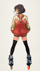 Rule 34 | 1girl, absurdres, akagi (fmttps), black thighhighs, brown eyes, brown hair, blowing bubbles, chewing gum, commentary request, full body, girls und panzer, grey background, hands in pockets, highres, hoshino (girls und panzer), jacket, long sleeves, looking to the side, multicolored clothes, multicolored jacket, over-kneehighs, red jacket, roller skates, short hair, simple background, skates, solo, standing, sukajan, thighhighs, two-tone jacket, yellow jacket, zipper