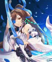 Rule 34 | 1girl, 3.4, bare shoulders, breasts, brown hair, destiny child, detached sleeves, dress, eve (destiny child), flower eyepatch, gloves, hair ornament, highres, holding, holding sword, holding weapon, long hair, looking at viewer, ponytail, red eyes, ribbon, signature, single glove, solo, sword, weapon, white dress