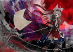 Rule 34 | 1girl, absurdres, agehachou tsukushi, animal ears, bag, belt, blood, blurry foreground, boots, cat ears, cat tail, chain, fingerless gloves, gloves, goggles, goggles around neck, highres, long coat, long hair, looking at viewer, moon, night, original, pleated skirt, red eyes, red moon, shirt, silver hair, skirt, solo, tail, thighhighs, weapon