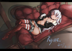Rule 34 | 10s, 1girl, 2017, alternate hairstyle, amatsukaze (kancolle), artist name, bottomless, breasts, brown eyes, choker, collarbone, couch, dated, dress, dutch angle, gloves, grey hair, hair between eyes, hair down, hand on own chest, highres, kantai collection, letterboxed, long hair, long sleeves, looking at viewer, lying, navel, nipples, no panties, no shoes, off shoulder, on back, red thighhighs, ruyne, sailor dress, single glove, small breasts, smile, solo, thighhighs, undressing, white gloves