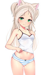 Rule 34 | 1girl, absurdres, animal ear fluff, animal ears, azur lane, bare shoulders, blue panties, blush, breasts, camisole, cat ears, closed mouth, collarbone, cowboy shot, dedorudy, gluteal fold, green eyes, groin, highres, light brown hair, long hair, looking at viewer, midriff, navel, panties, parted bangs, simple background, sims (azur lane), small breasts, solo, standing, striped clothes, striped panties, sweatdrop, two side up, underwear, white background, white camisole, white panties