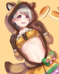 Rule 34 | 1girl, absurdres, animal ears, animal hood, artist name, artist request, bandeau, black gloves, blush, bow, bread, bread bun, breasts, brown gloves, brown hair, brown hoodie, brown jacket, buttons, choker, clenched hands, collarbone, exciting animal (love live!), female focus, food, frill trim, frilled bandeau, frilled cuffs, frilled skirt, frilled sleeves, frills, fur-trimmed jacket, fur jacket, fur trim, gloves, green bow, green choker, green ribbon, grey hair, hair ornament, heart, heart (symbol), heart print, highres, hood, hood up, hooded jacket, hoodie, jacket, leaf hair ornament, leaf print, light brown hair, long sleeves, looking at viewer, love live!, love live! nijigasaki high school idol club, love live! school idol festival, love live! school idol festival all stars, medium breasts, midriff, miniskirt, nakasu kasumi, neck ribbon, orange background, orange bandeau, orange skirt, parted lips, pink bow, plaid, plaid skirt, pleated, pleated skirt, puffy long sleeves, puffy sleeves, raccoon costume, raccoon ears, raccoon hood, raccoon tail, red eyes, ribbon, ribbon trim, short hair, skirt, smile, solo, stomach, tail, two-tone skirt, white wrist cuffs, wrist cuffs