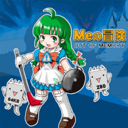 Rule 34 | 1girl, 2others, ahoge, apron, blue background, blue dress, blunt bangs, blush, bow, braid, brown footwear, castle, computer chip, cpu, creature, crowbar, dress, facing viewer, full body, garter straps, gloves, green eyes, green hair, hair bow, holding, holding crowbar, long hair, looking at viewer, lowres, maid, mary janes, matching hair/eyes, me-tan, multiple others, os-tan, outline, personification, pleated dress, pot lid, processor, puffy short sleeves, puffy sleeves, red bow, shoes, short sleeves, sign, simple background, smile, solo, thighhighs, translation request, twin braids, warning sign, warning sign ornament, weapon, white apron, white gloves, white outline, white thighhighs, z80, zettai ryouiki, zilog z80