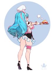 Rule 34 | 1girl, ass, aurora (last origin), blue hair, breasts, chef, chef hat, drill hair, from behind, hat, high heels, highres, large breasts, last origin, light blue hair, multicolored hair, open mouth, patissier, pink eyes, pink hair, skirt, smile, solo, streaked hair, toriseru (rare stone), twin drills, twintails
