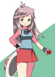 Rule 34 | 1girl, black wristband, breasts, brown hair, closed mouth, commentary request, creatures (company), eyelashes, game freak, hat, holding, holding clothes, holding hat, holding poke ball, jewelry, leaf (pokemon), long hair, milkpeachi, necklace, nintendo, pleated skirt, poke ball, poke ball (basic), pokemon, pokemon frlg, red skirt, shirt, sidelocks, skirt, sleeveless, sleeveless shirt, smile, two-tone background