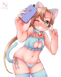 Rule 34 | 10s, 1girl, 2016, akigumo (kancolle), anchor symbol, animal ears, bare shoulders, bell, blue bra, blue panties, blue thighhighs, blush, bra, breasts, brown hair, cat cutout, cat ear panties, cat ears, cat lingerie, cat tail, cellphone, choker, cleavage cutout, clothing cutout, collar, dated, fake animal ears, fake tail, frilled bra, frills, green eyes, hair ribbon, highres, jingle bell, kanon (kurogane knights), kantai collection, long hair, meme attire, navel, neck bell, one eye closed, panties, phone, ponytail, ribbon, selfie, side-tie panties, simple background, smartphone, smile, solo, stomach, tail, thighhighs, underwear, underwear only, v, white background