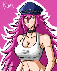 Rule 34 | 1girl, blue hair, borockman, breasts, cleavage, collar, final fight, hat, lipstick, long hair, makeup, navel, pink hair, poison (final fight), puckered lips, street fighter, sword, tank top, taut clothes, weapon
